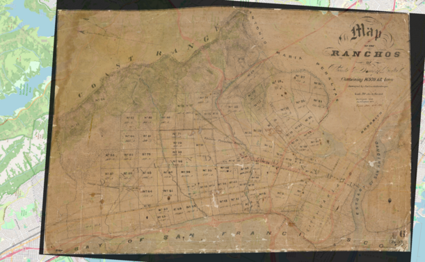Map of the Ranchos of Vicente and Domingo Peralta, by Julius Kellersberger, 1852