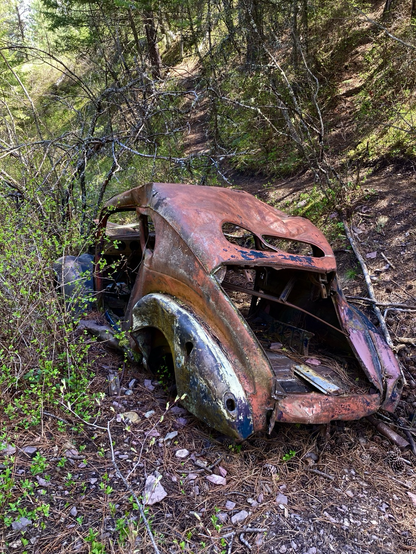 The back of the old car in the gully, and how I first saw it as I rounded the brush to the left. Its sloping back is battered, the rear cover missing. It’s mostly rusted, but there’s blue paint on the wheel well. The trail continues past it on the right and climbs out of the gully towards where the sunlight penetrates the forest.