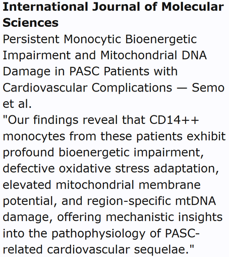 International Journal of Molecular Sciences
Persistent Monocytic Bioenergetic Impairment and Mitochondrial DNA Damage in PASC Patients with Cardiovascular Complications — Semo et al.
"Our findings reveal that CD14++ monocytes from these patients exhibit profound bioenergetic impairment, defective oxidative stress adaptation, elevated mitochondrial membrane potential, and region-specific mtDNA damage, offering mechanistic insights into the pathophysiology of PASC-related cardiovascular sequelae."