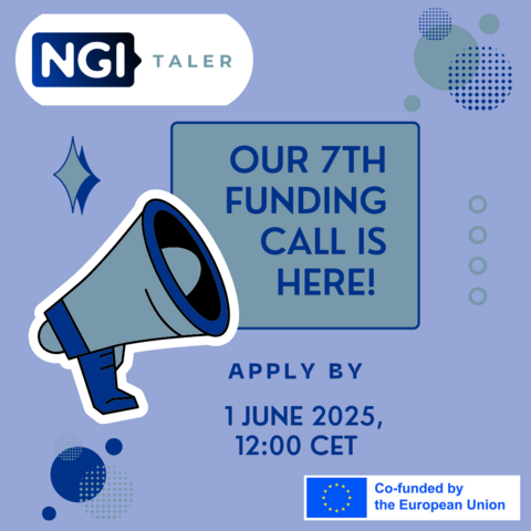 A digital graphic announces the 7th funding call for NGI TALER. The background is light gray-blue with abstract dark blue and gray shapes. A large megaphone illustration is on the left. A blue-gray box contains bold blue text reading: "OUR 7TH FUNDING CALL IS HERE!" Below, in smaller blue text, it says "APPLY BY," followed by "1 JUNE 2025, 12:00 CET" in blue. The NGI TALER logo is at the top left, and the European Union co-funding logo is at the bottom right.
