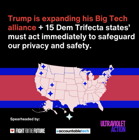 Black graphic featuring a pink map of the U.S. with blue stars next to democratic trifecta states with logos from Fight for the Future, Accountable Tech and Ultraviolet Action calling on Dem Trifecta states to act immediately to safeguard our privacy and safety.