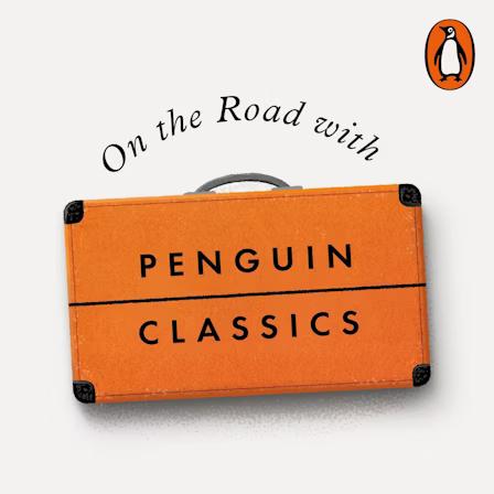On the Road with Penguin Classics

There is a white cover with the Penguin logo in the upper right corner and an orange suitcase with 'Penguin Classics' words all over it