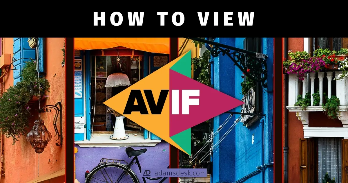 AVIF image format logo stands in the middle against three colorful photos of Italy architecture.