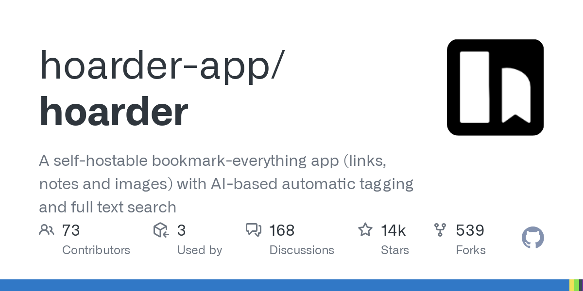 A self-hostable bookmark-everything app (links, notes and images) with AI-based automatic tagging and full text search - hoarder-app/hoarder