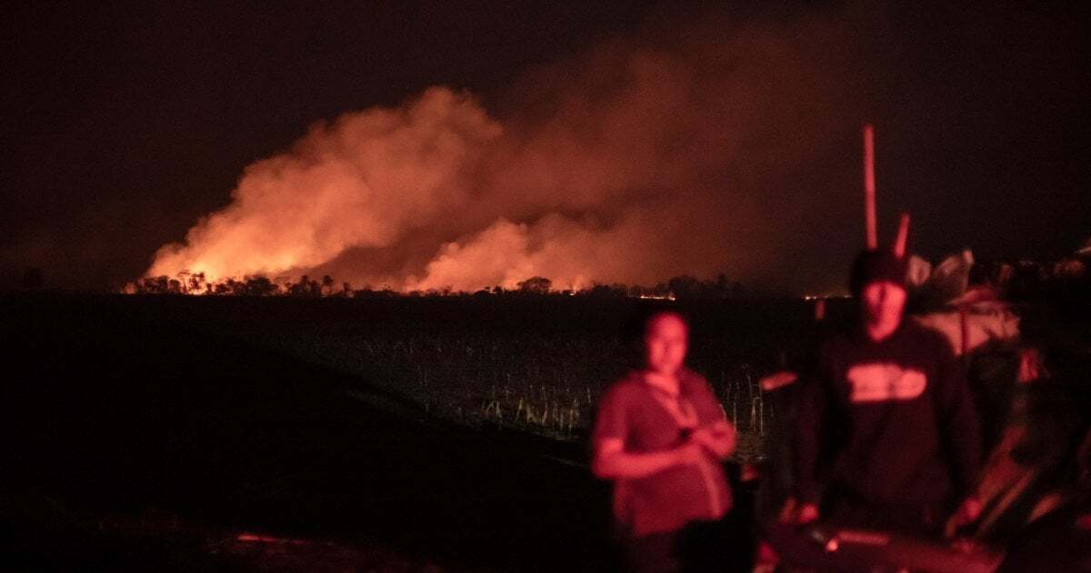 Vor dunklem Hintergrund im Feuerschein sieht man die Silouetten von Indigenen