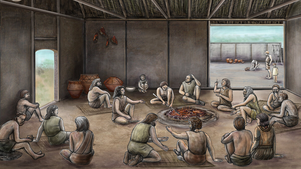 Colored drawing of people in a simply constructed house. 