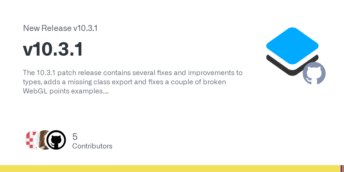 The 10.3.1 patch release contains several fixes and improvements to types, adds a missing class export and fixes a couple of broken WebGL points examples.
List of all changes
See below for a comple...