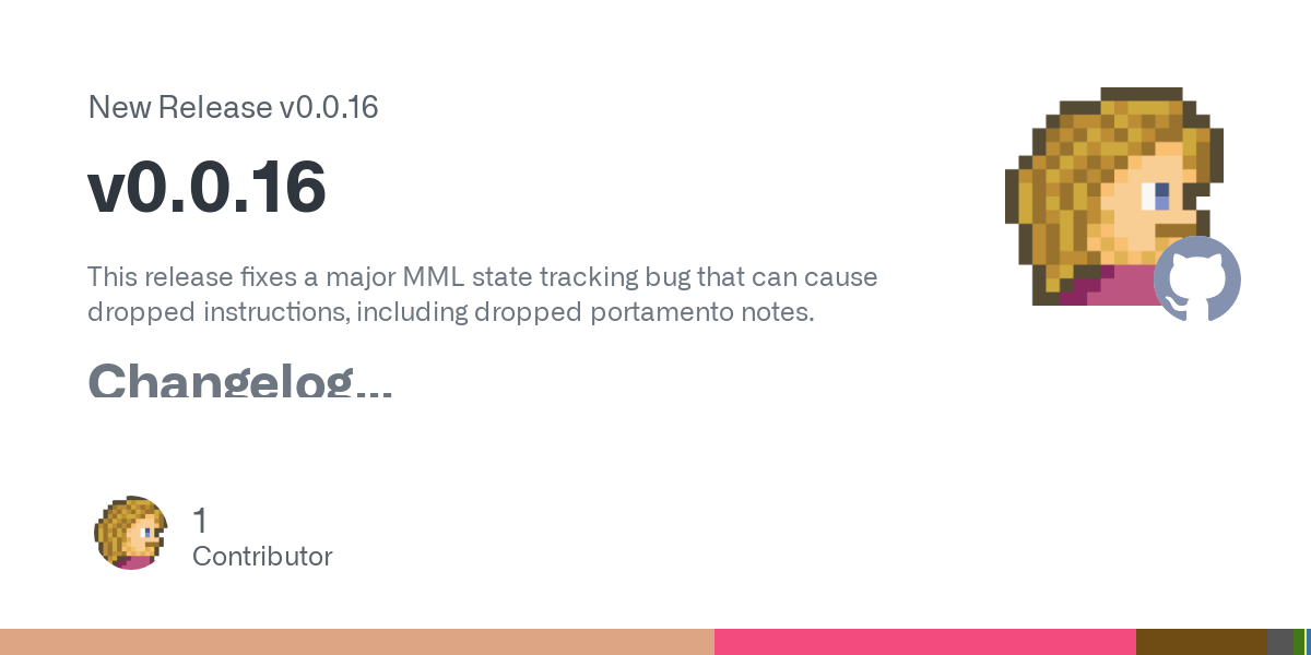This release fixes a major MML state tracking bug that can cause dropped instructions, including dropped portamento notes.
Changelog
Audio driver changes:

Added portamento_pitch instruction

MML c...