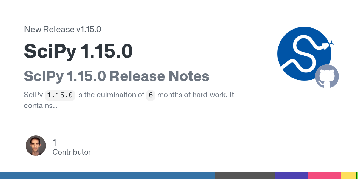 SciPy 1.15.0 Release Notes
SciPy 1.15.0 is the culmination of 6 months of hard work. It contains
many new features, numerous bug-fixes, improved test coverage and better
documentation. There have b...