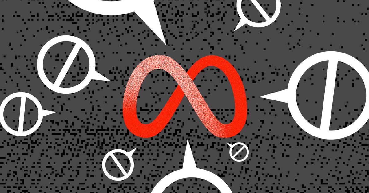 Digital photo collage of Meta logo and hate speech bubbles.