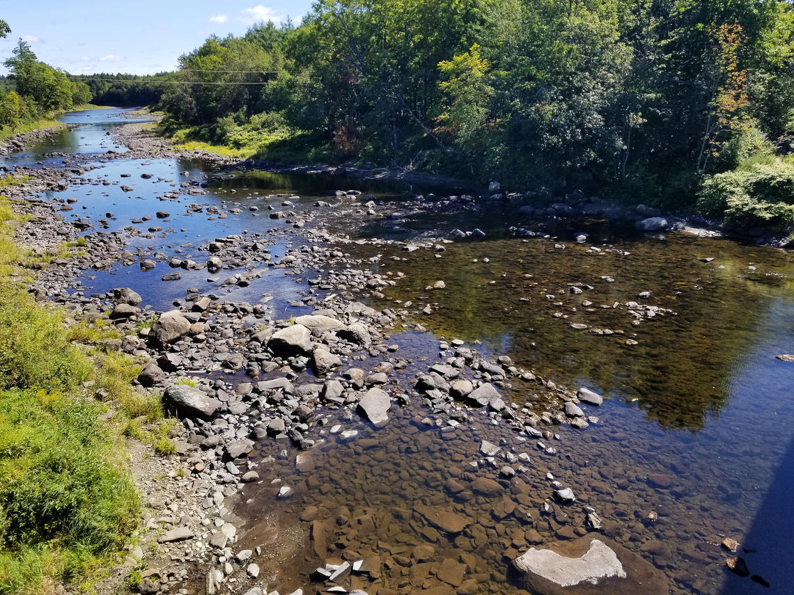 Photograph of low-flow conditions at the Piscataquis River near Dover-Foxcroft, Maine