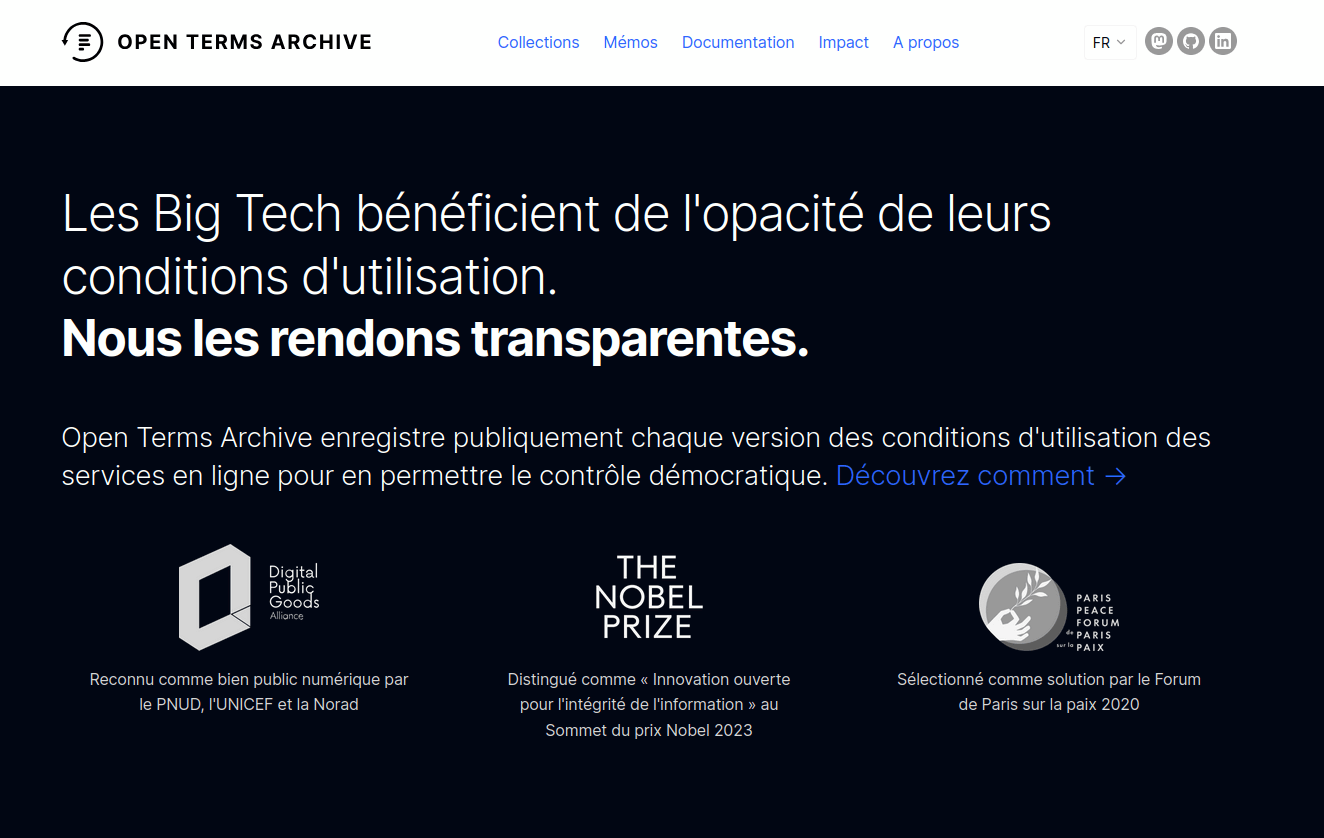 Page d'accueil du site Open Terms Archive