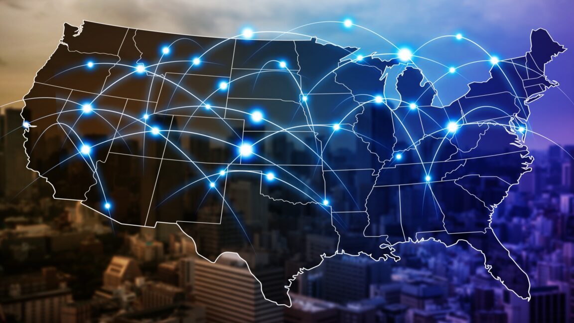 Illustration of a map of the United States with crisscrossing lines to represent network connectivity, and a cityscape in the background