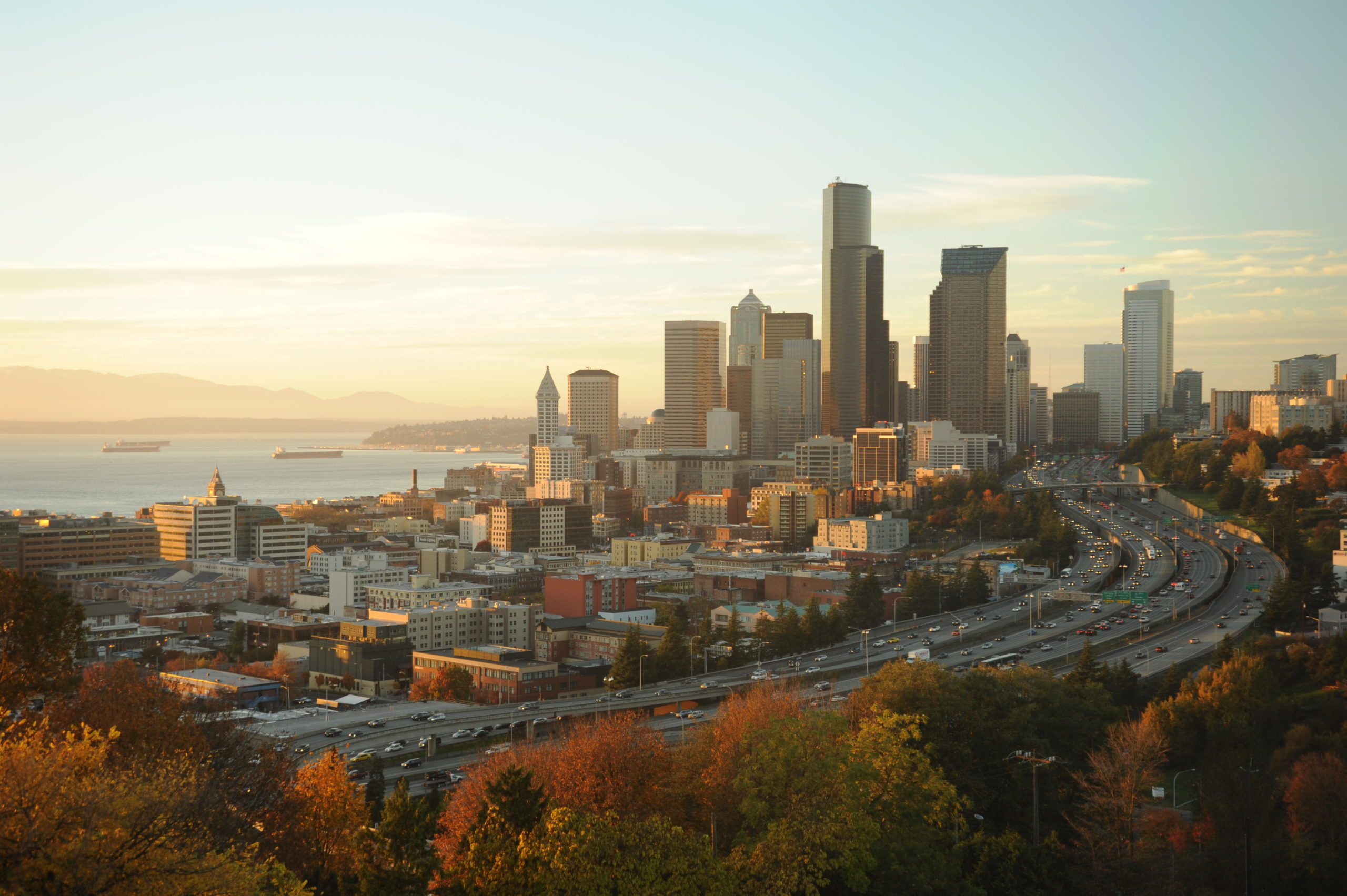Our gleaming city on the hill, fall trees, freeways, Puget Sound, Seattle, Washington, USA