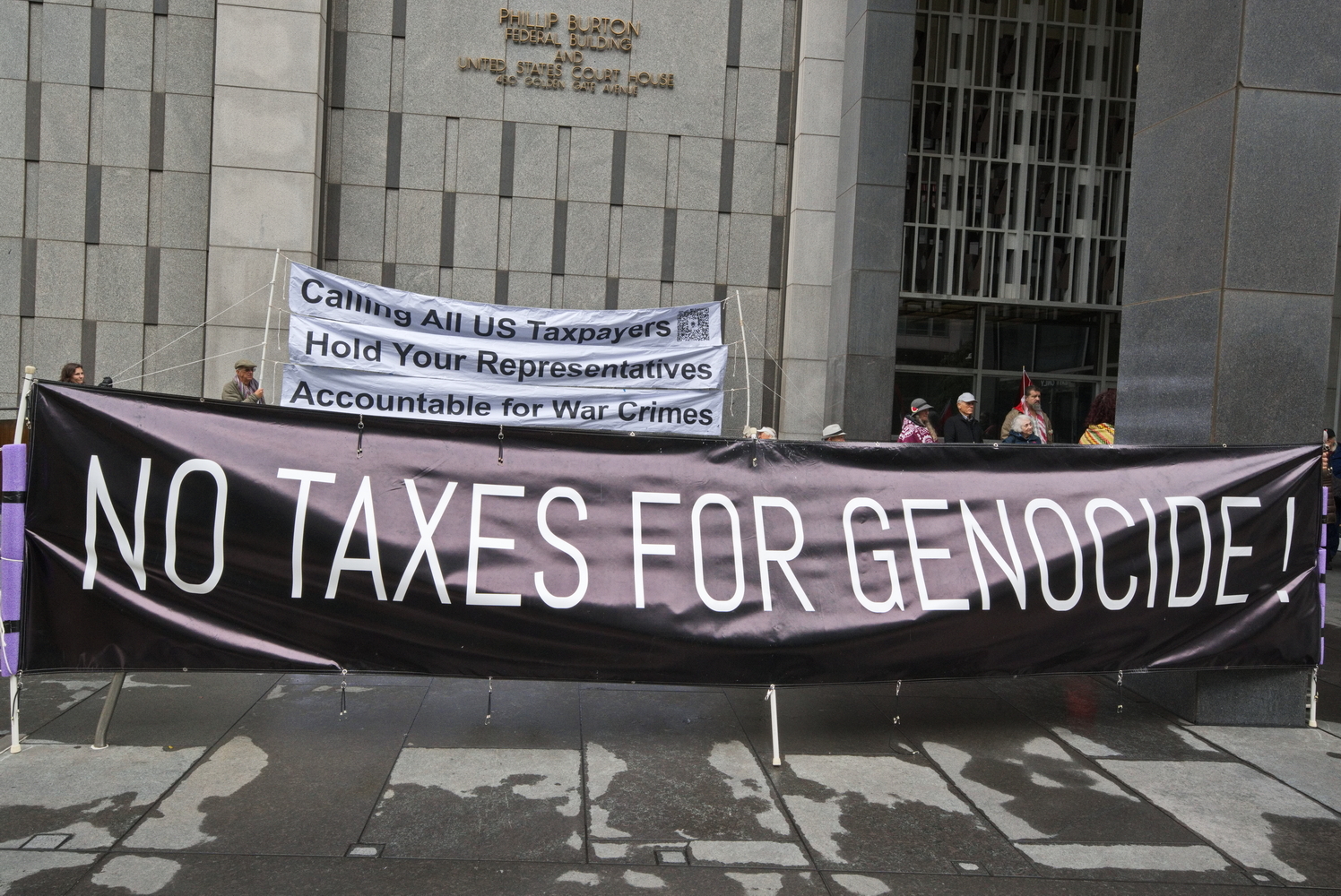 Taxpayers Against Genocide (TAG) rally in front of the US Federal Court of Northern California, on February 19, 2025. (Photo: Leon Kunstenaar)