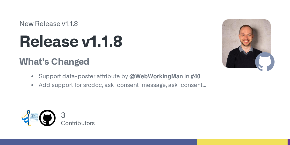 What's Changed

Support data-poster attribute by @WebWorkingMan in #40
Add support for srcdoc, ask-consent-message, ask-consent-button-label by @artfulrobot in #38

New Contributors

@WebWorkingMan...