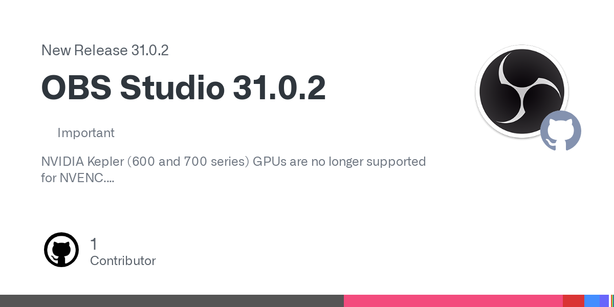 ImportantNVIDIA Kepler (600 and 700 series) GPUs are no longer supported for NVENC.

NoteNVIDIA users may need to update their GPU drivers to 551.76 (Windows) / 550.54.14 (Linux) or newer.

Importa...