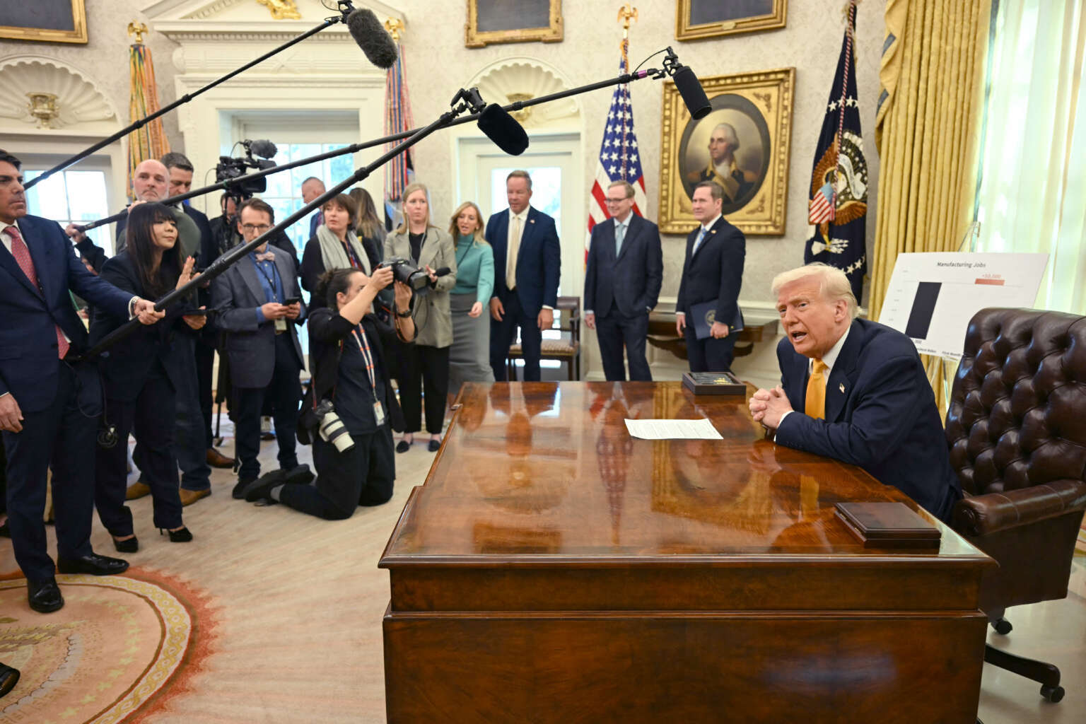 U.S. President Donald Trump speaks from the Oval Office of the White House in Washington, D.C., on March 7, 2025.