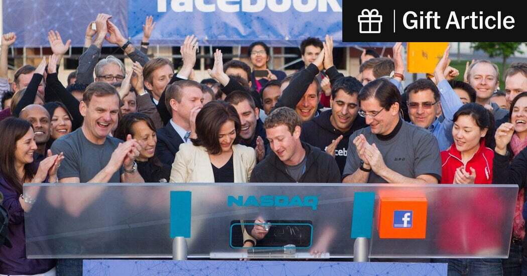 Facebook’s C.E.O. Mark Zuckerberg rings the Nasdaq’s opening bell from Facebook’s headquarters in Menlo Park, Calif., on May 18, 2012, the day of the company’s initial public offering, while Sheryl Sandberg, Facebook’s C.O.O., looks on.