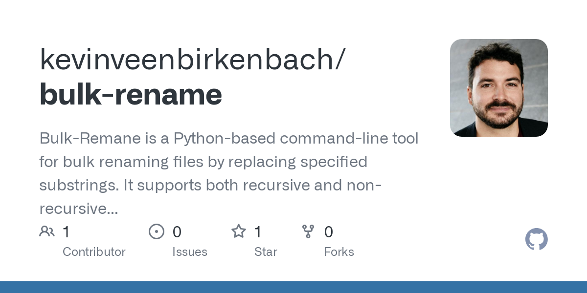 Bulk-Remane is a Python-based command-line tool for bulk renaming files by replacing specified substrings. It supports both recursive and non-recursive operations using argparse for an intuitive in...