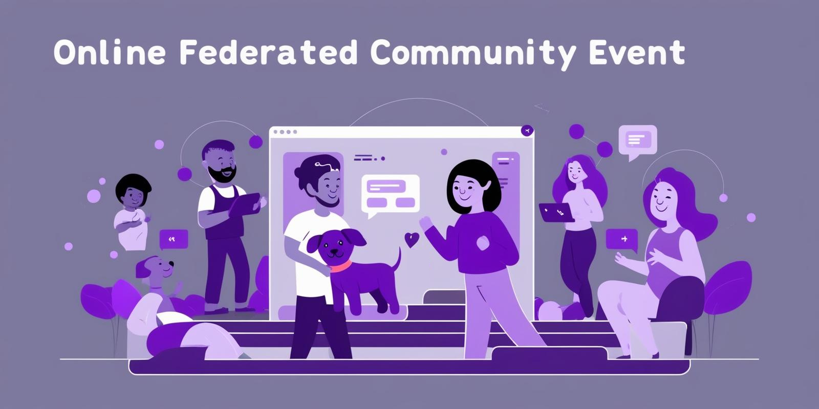 AI generated image of a group of people with two dogs. with the headline: Online Federated Community Event.