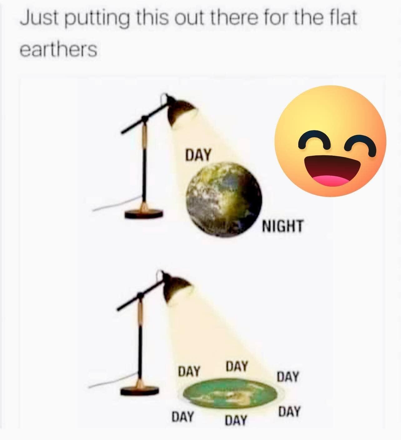 The image humorously contrasts the Earth's rotation causing day and night with a "flat Earth" concept where there would be only perpetual day. 

At the top, the standard depiction of Earth is shown with a light source, presumably representing the Sun, shining down at an angle. This light casts half of the Earth shaded in darkness, representing "Night," while the other half is illuminated, representing "Day."

Below this depiction, there's a comedic illustration where Earth is shown as a flat disc. The same light source shines on the flat disc from the same angle, but instead of any part of the disc being in shadow, the entire surface is illuminated, labeled repeatedly as "DAY," suggesting only daylight with no night. 

The image caption reads, "Just putting this out there for the flat earthers," indicating it's ascheromatic jab at the flat Earth conspiracy theory. An emoji with a large smile and thrilled expression is placed to the right of the depiction, enhancing the tone.
