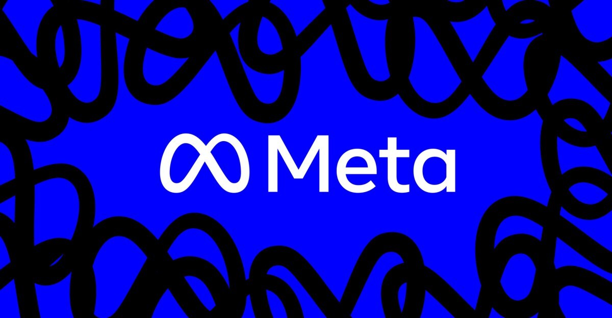 Image of the Meta logo and wordmark on a blue background bordered by black scribbles made out of the Meta logo.