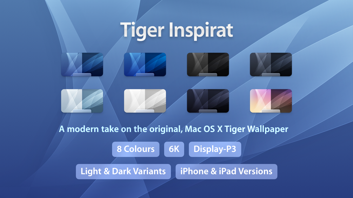 A preview image of my Tiger Inspirat Wallpaper Pack, showing a title, thumbnails showing the colours and variants and some tags highlighting specific features.
