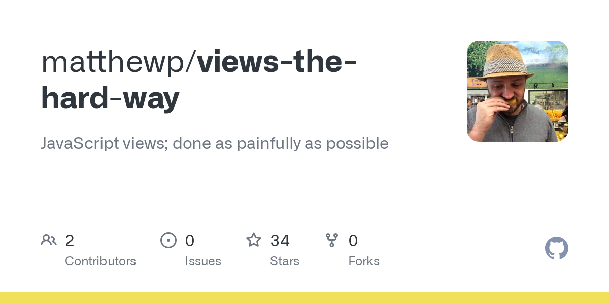 JavaScript views; done as painfully as possible. Contribute to matthewp/views-the-hard-way development by creating an account on GitHub.