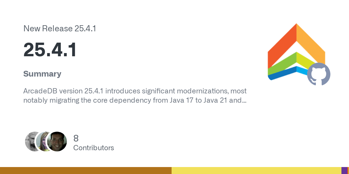 Summary
ArcadeDB version 25.4.1 introduces significant modernizations, most notably migrating the core dependency from Java 17 to Java 21 and enabling HTTP/2 support. Key new features include an im...