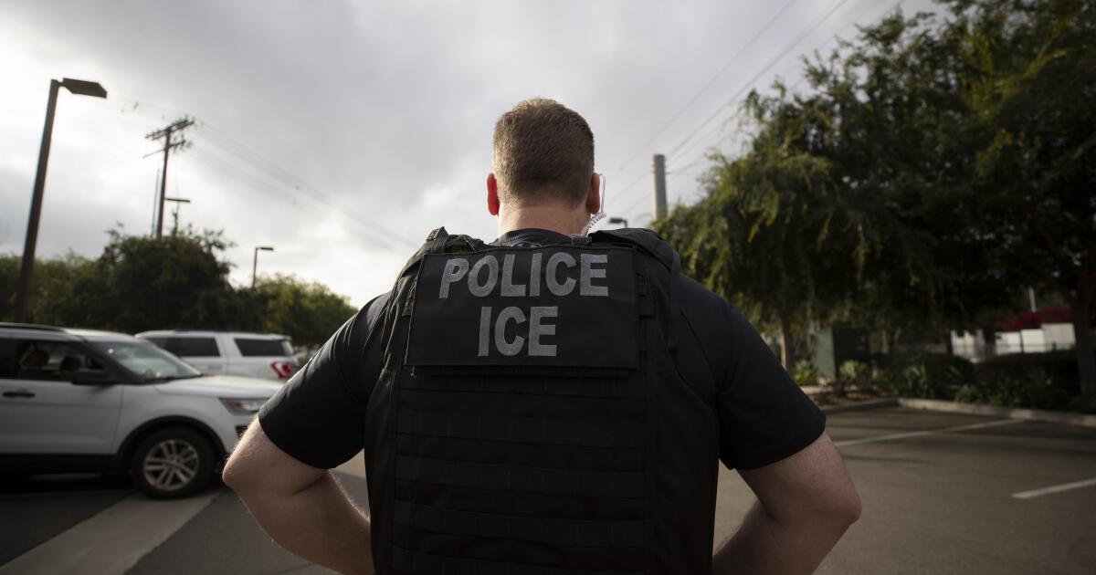 FILE - In this July 8, 2019, file photo, a U.S. Immigration and Customs Enforcement (ICE) officer looks on during an operation in Escondido, Calif. San Diego County Sheriff Bill Gore says he will comply with U.S. Immigration and Customs Enforcement's request for information on four people with criminal records, becoming the first state or local law enforcement official in the country to so honor such requests among a spate of jurisdictions whose laws sharply restrict cooperation with immigration authorities. (AP Photo/Gregory Bull,File)