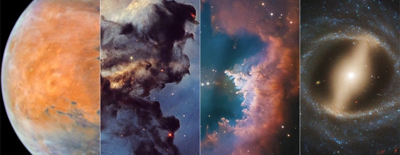 Composite shows portions of four Hubble images from left to right. First, the left half of Mars in shades of orange, blues, and browns. Second, a tiny portion of the Rosette Nebula shows very dark gray material against a translucent blue background. Third, a portion of planetary nebula NGC 2899 looks like the number three in shades of red and orange. Fourth, the center of barred spiral galaxy NGC 5335 has a milky yellow center that forms a bar surrounded by the beginnings of blue star-filled spiral arms. Composite shows portions of four Hubble images from left to right. First, the left half of Mars in shades of orange, blues, and browns. Second, a tiny portion of the Rosette Nebula shows very dark gray material against a translucent blue background. Third, a portion of planetary nebula NGC 2899 looks like the number three in shades of red and orange. Fourth, the center of barred spiral galaxy NGC 5335 has a milky yellow center that forms a bar surrounded by the beginnings of blue star-filled spiral arms.