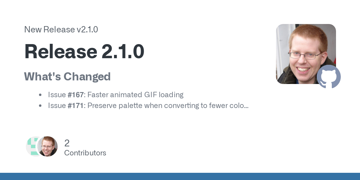 What's Changed

Issue #167: Faster animated GIF loading
Issue #171: Preserve palette when converting to fewer colors
Issue #122: Implement animbrushes

Load/Save IFF ANIM (ANBR) and GIF brushes
Gra...