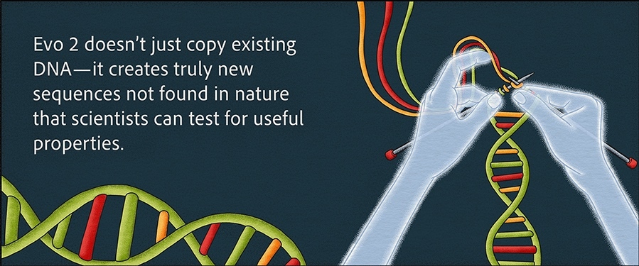 An illustration of two translucent blue hands knitting a DNA double helix of yellow, green, and red base pairs from three colors of yarn. Text in white to the left of the hands reads: "Evo 2 doesn't just copy existing DNA -- it creates truly new sequences not found in nature that scientists can test for useful properties."