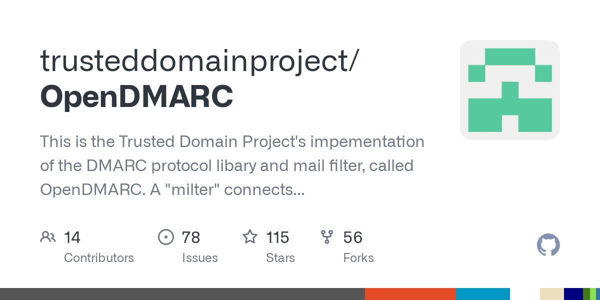 This is the Trusted Domain Project&#39;s impementation of the DMARC protocol libary and mail filter, called OpenDMARC.  A &quot;milter&quot; connects to unix-based mailers (originally, sendmail, bu...