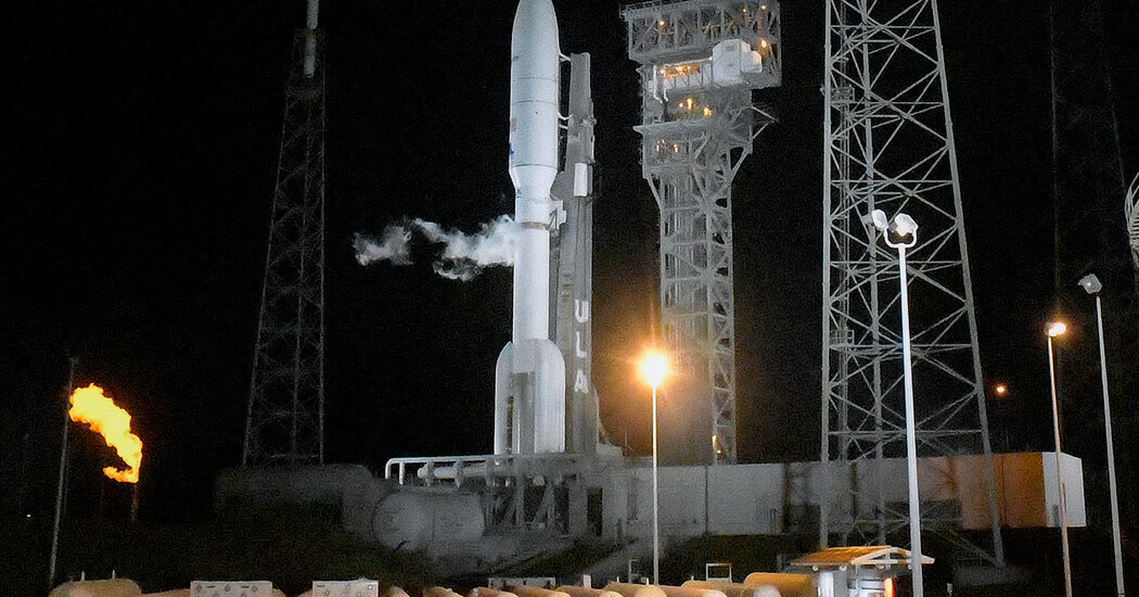 An Atlas V rocket earlier this month when United Launch Alliance scrubbed the first flight of 27 Amazon Project Kuiper satellites because of poor weather.