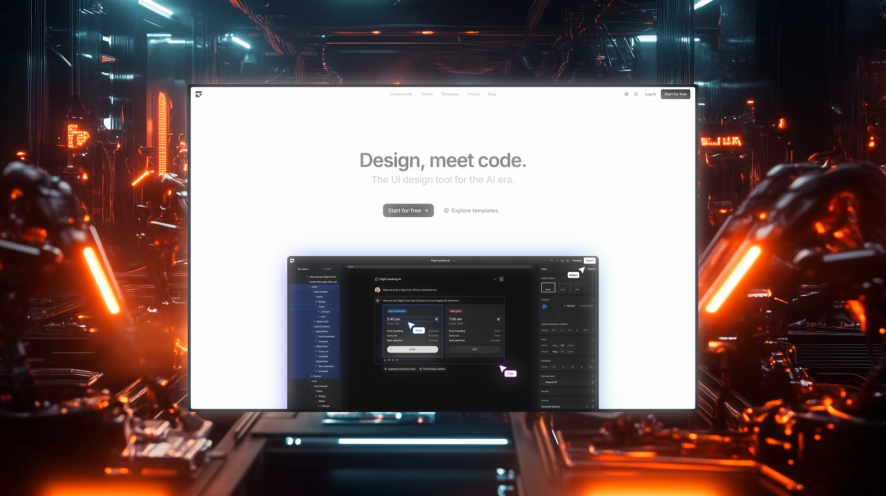 A futuristic scene with a glowing, tech-inspired background showing a UI design tool interface for AI, displaying a flight booking project with options for editing and previewing details. The screen promotes the tool with a “Start for free” button.