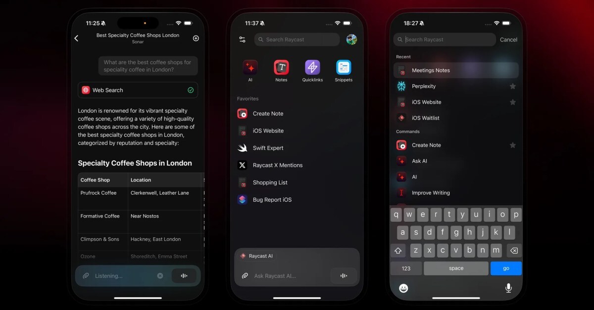 Three screenshots of the Raycast app for iOS.