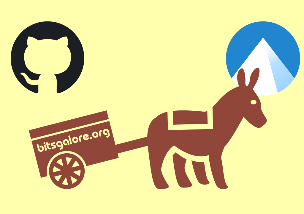Illustration of a stylized, icon-like donkey that is pulling a cart with the words bitsgalore.org written on it, walking from left to right. On its left is the Github Octicon logo, and to its right the Codeberg logo, which depicts a mountain. Illustration of a stylized, icon-like donkey that is pulling a cart with the words bitsgalore.org written on it, walking from left to right. On its left is the Github Octicon logo, and to its right the Codeberg logo, which depicts a mountain.