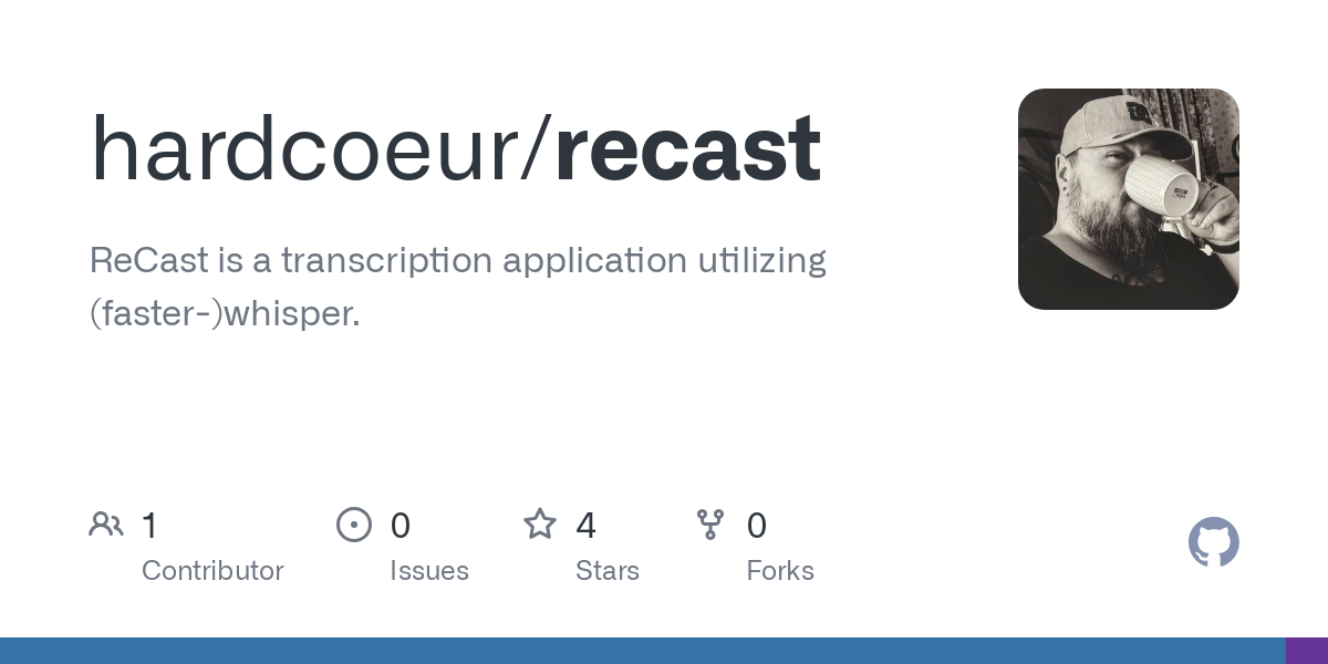 ReCast is a transcription application utilizing (faster-)whisper. - hardcoeur/recast ReCast is a transcription application utilizing (faster-)whisper. - hardcoeur/recast