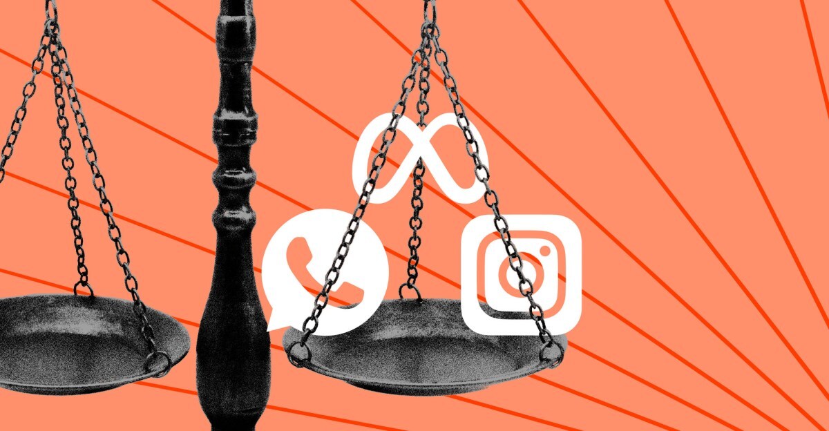 Justice scales with the Whatsapp, Instagram, and Meta logos.