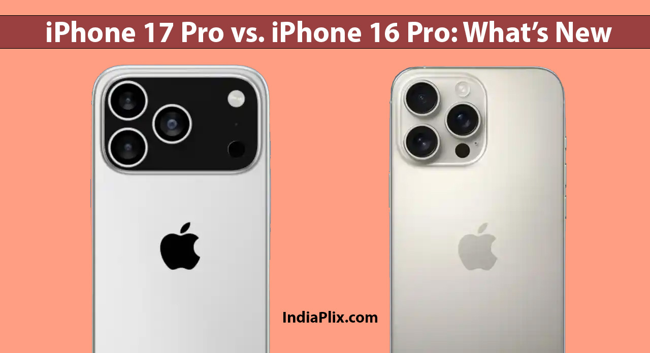 Side-by-side view of Apple iPhone 17 Pro and iPhone 16 Pro showcasing camera designs and titanium frames