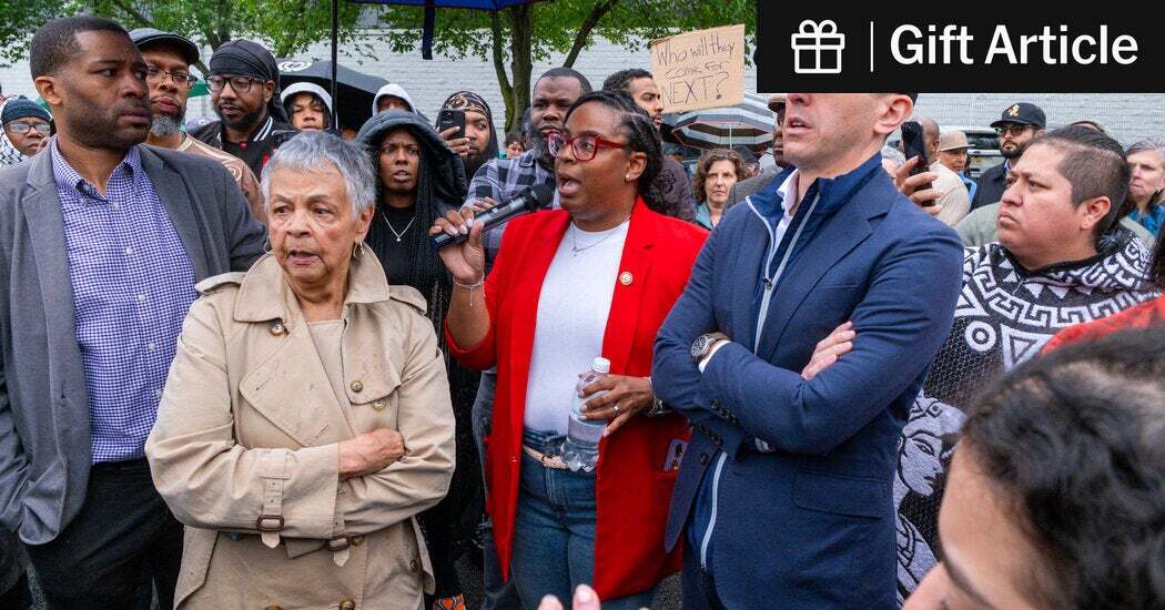 Representatives Bonnie Watson Coleman, center left, Rob Menendez, center right, and LaMonica McIver, center, went to an immigration detention center on Friday for what they described as a congressional oversight visit.