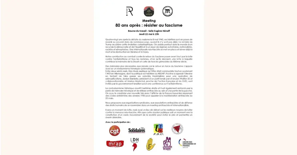 A propos d’un communiqué appelant à un meeting intitulé « 80 ans après : résister au fascisme »