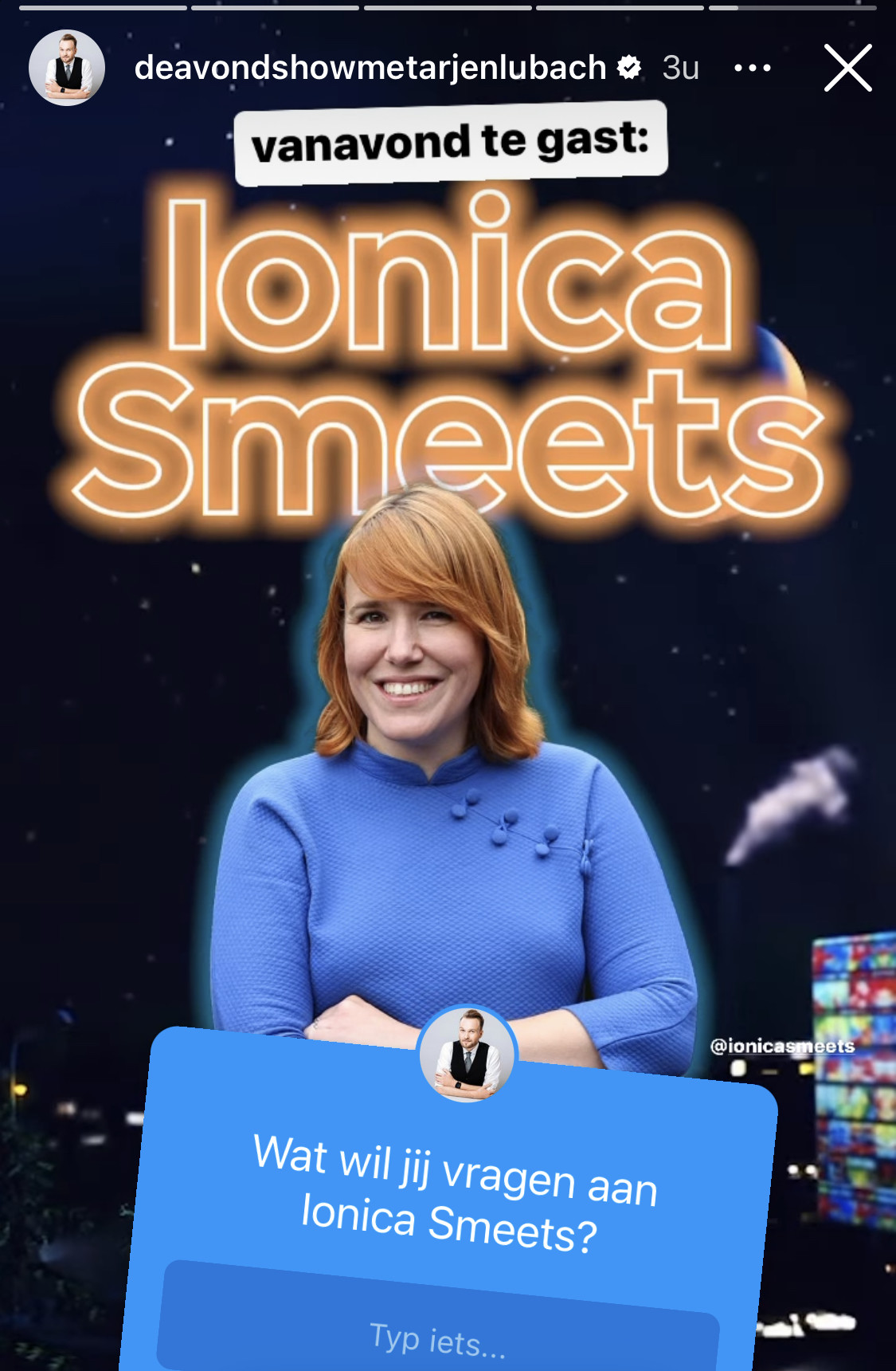 Bericht van de Avondshow op Insta: vanavond te gast: Ionica Smeets in fancy letters met een blije foto van mij