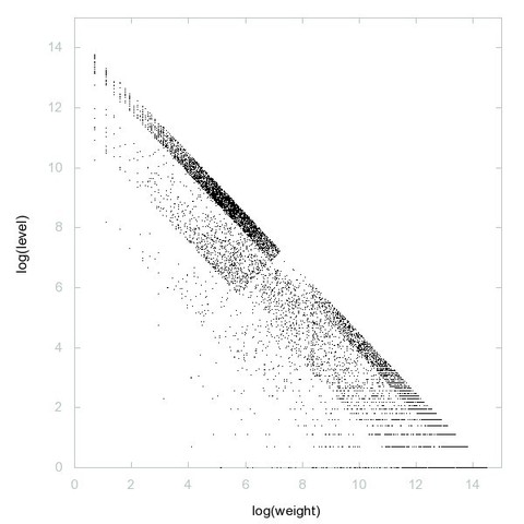 Decomposition into weight × level + jump of economical numbers in 2D (log(weight), log(level))