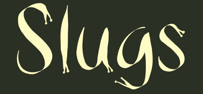 The word slugs written with light yellow slugs on a green background 