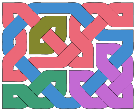 A clearly computer-generated Celtic knot design, on a rectangular grid. The separate loops are highlighted in different colours. Also it's kinda blocky and doesn't connect properly because it's all placeholder art.