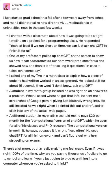Tumblr post describing various mesmerizing misuses of LLMs instead of learning