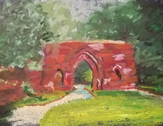 Small oil pastel of a fragment of a ruin. The stone is the dark coppery red of Cheshire sandstone, and the shadows are dark, showing it was a bright day.